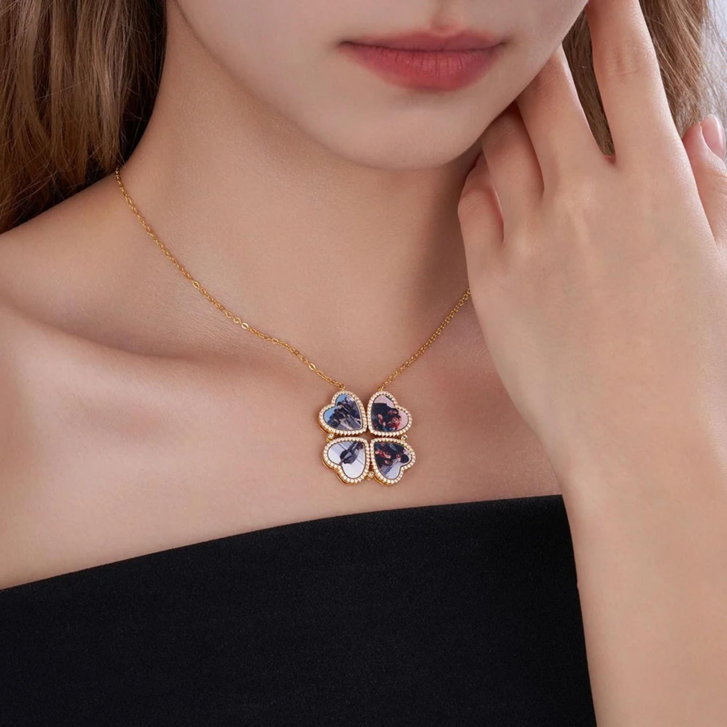 4 Heart Photos Clover Pendant Necklace