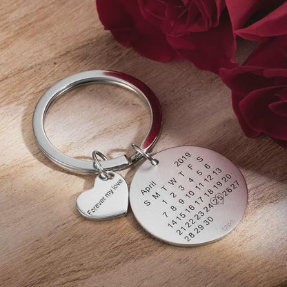 Custom Photo Engraved Keychain with Calendar & Heart Charm