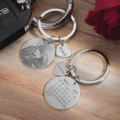 Custom Photo Engraved Keychain with Calendar & Heart Charm