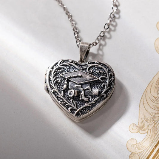 Graduation Cap Heart Locket Necklace with Photos
