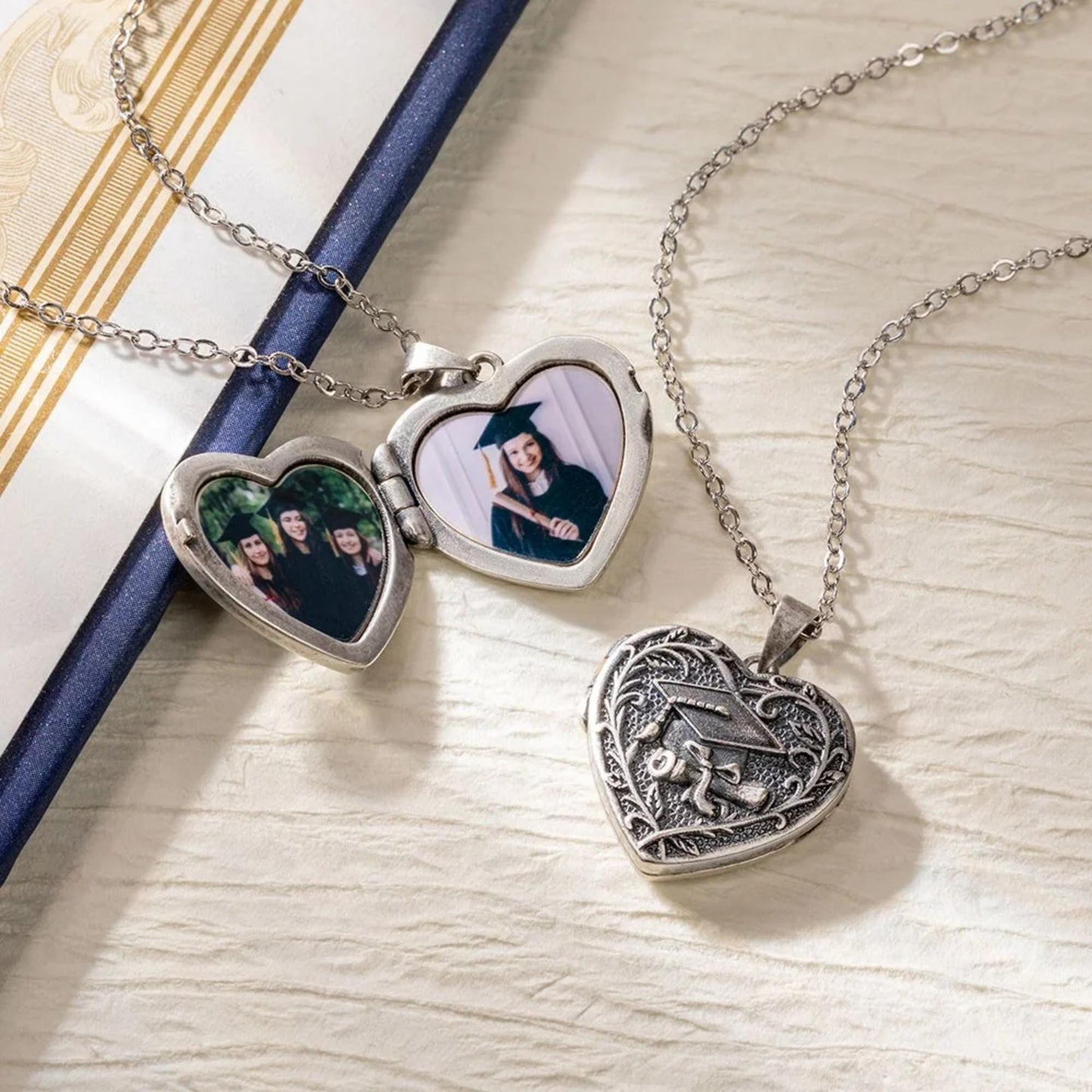 Graduation Cap Heart Locket Necklace with Photos