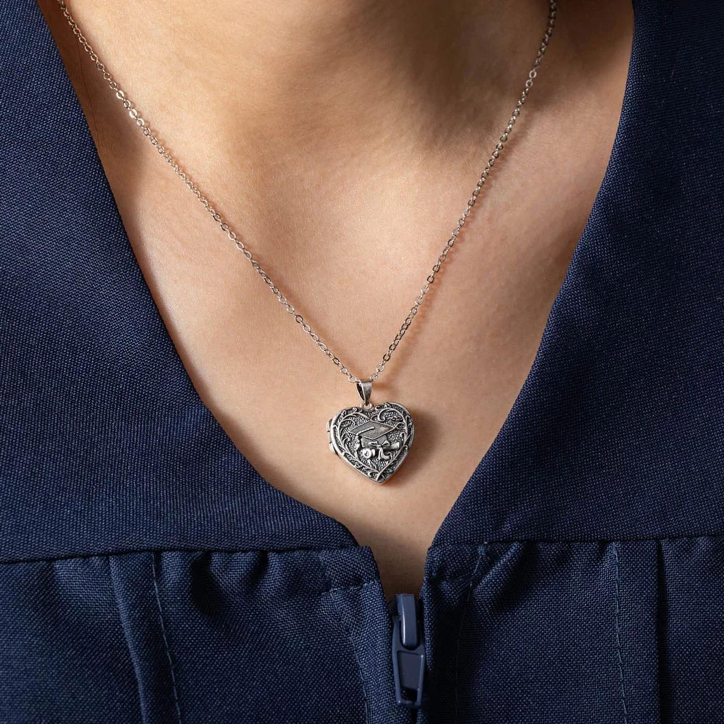 Graduation Cap Heart Locket Necklace with Photos