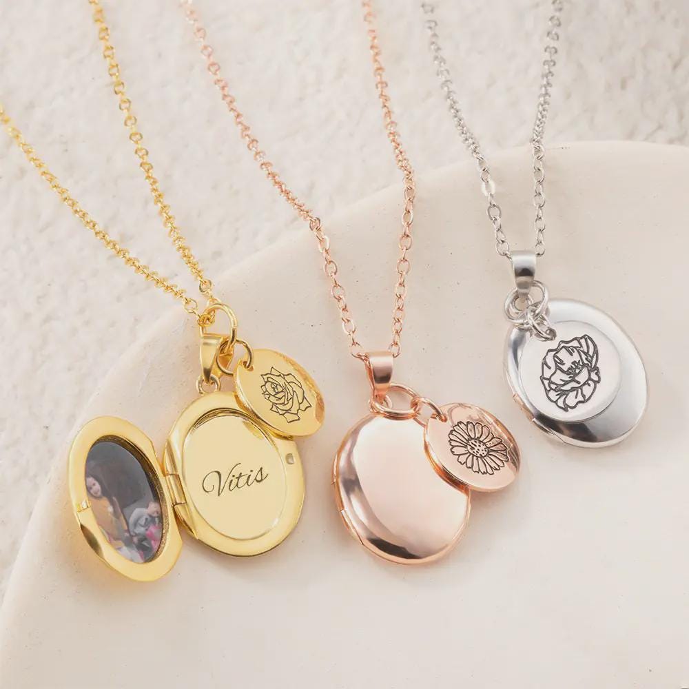 Oval Locket Pendant with Birth Flower Charm Necklace