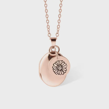 Oval Locket Pendant with Birth Flower Charm Necklace