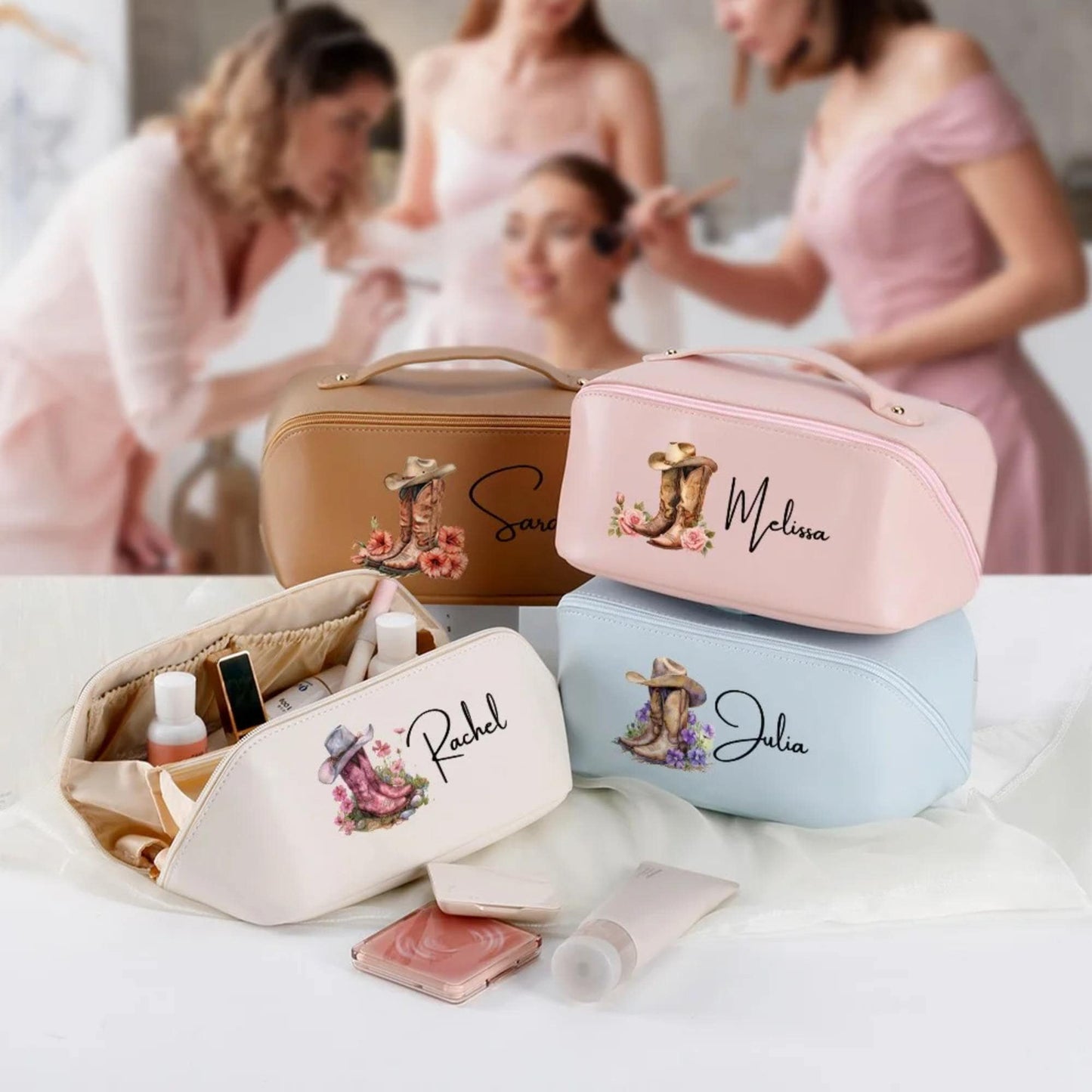 Custom Birth Flower Cowgirl Boots Leather Makeup Bag