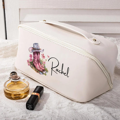 Custom Birth Flower Cowgirl Boots Leather Makeup Bag