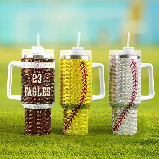 40oz  Name + Number Rhinestone Sports Ball Tumbler