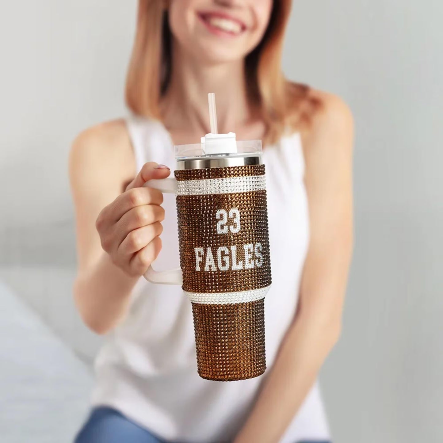 40oz  Name + Number Rhinestone Sports Ball Tumbler