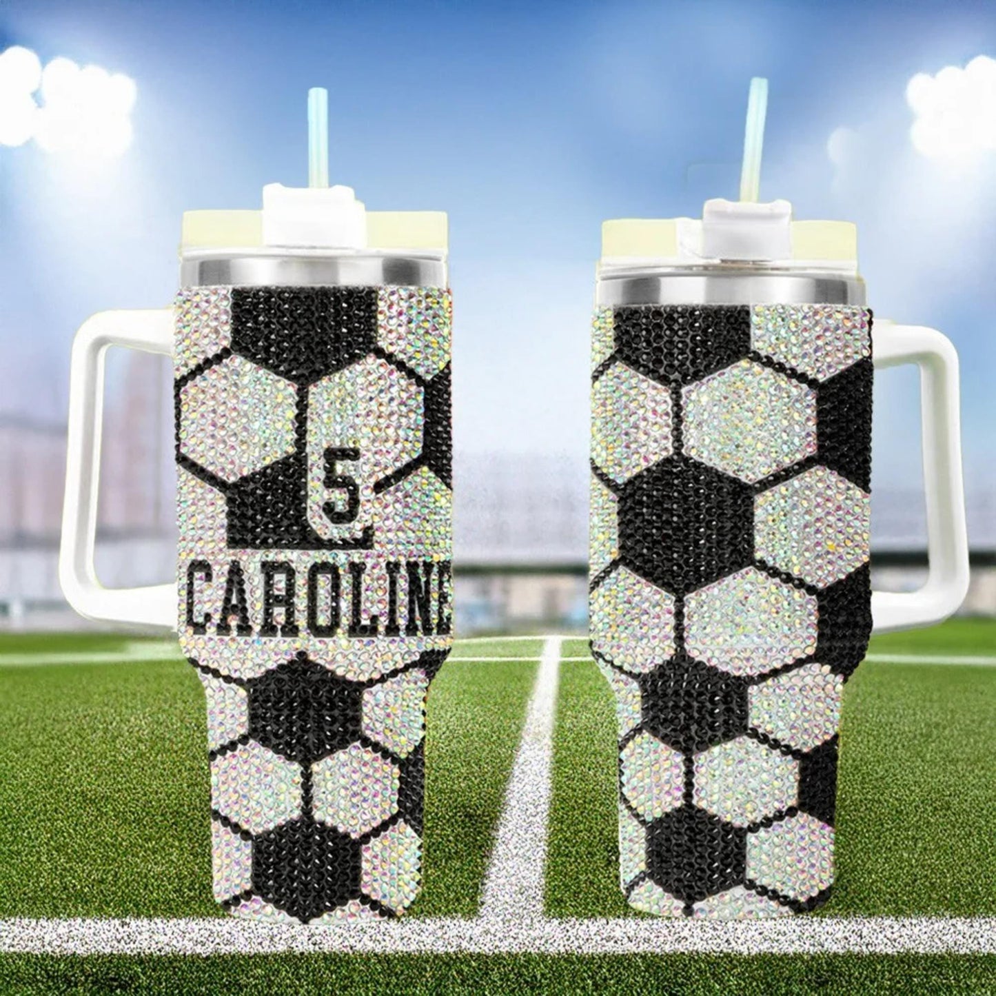 40oz  Name + Number Rhinestone Sports Ball Tumbler