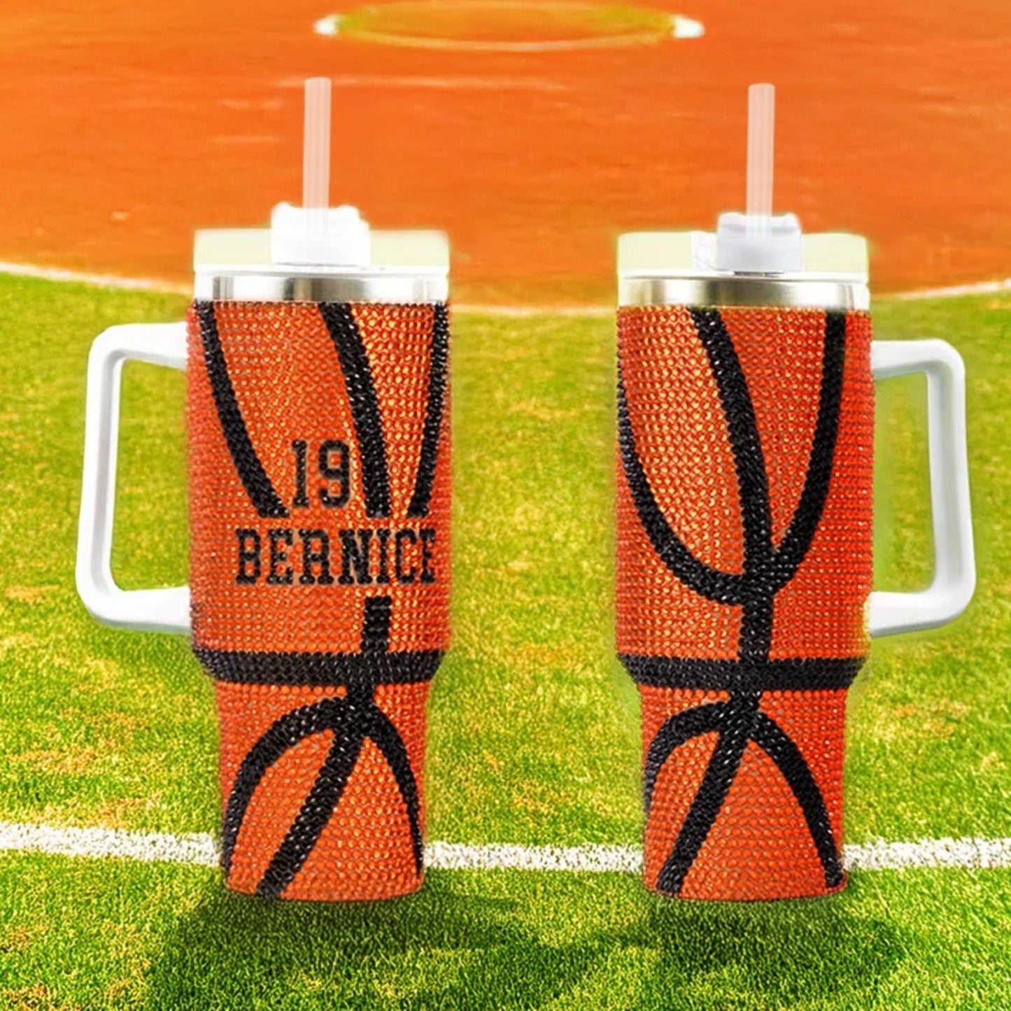 40oz  Name + Number Rhinestone Sports Ball Tumbler