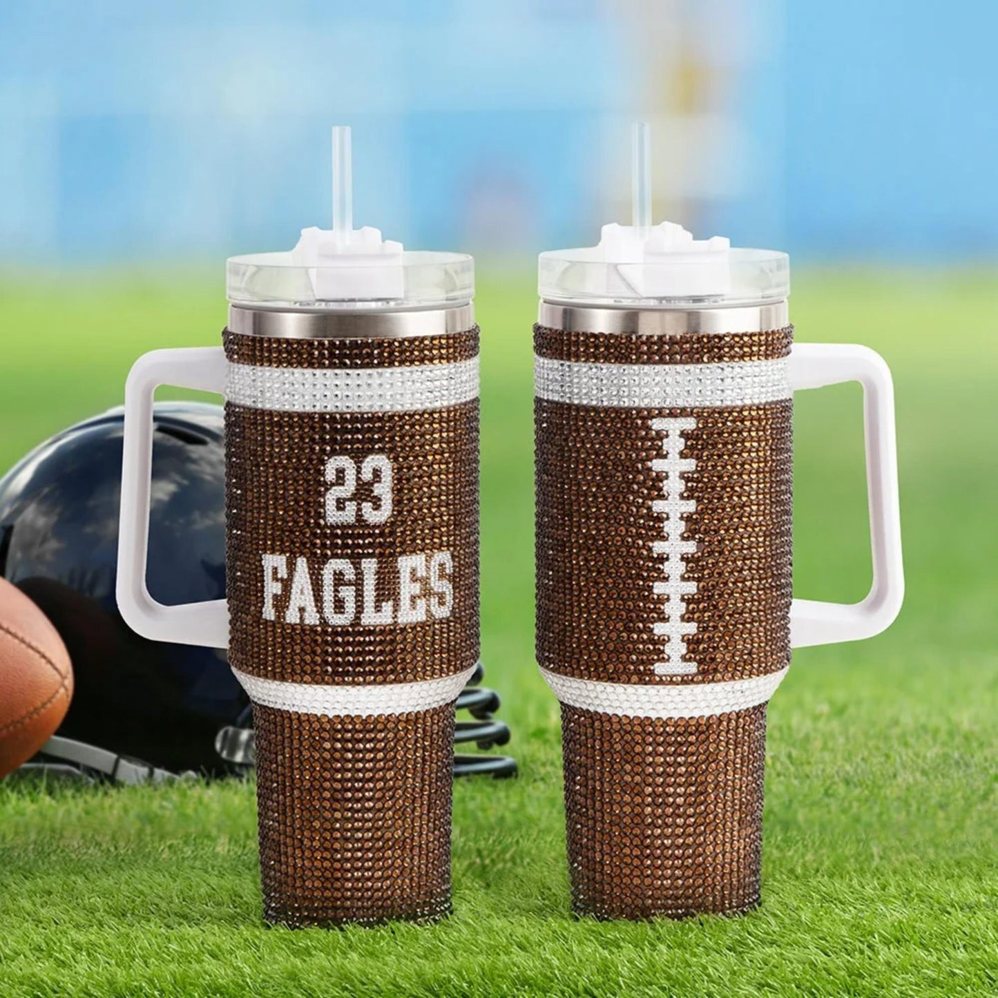 40oz  Name + Number Rhinestone Sports Ball Tumbler