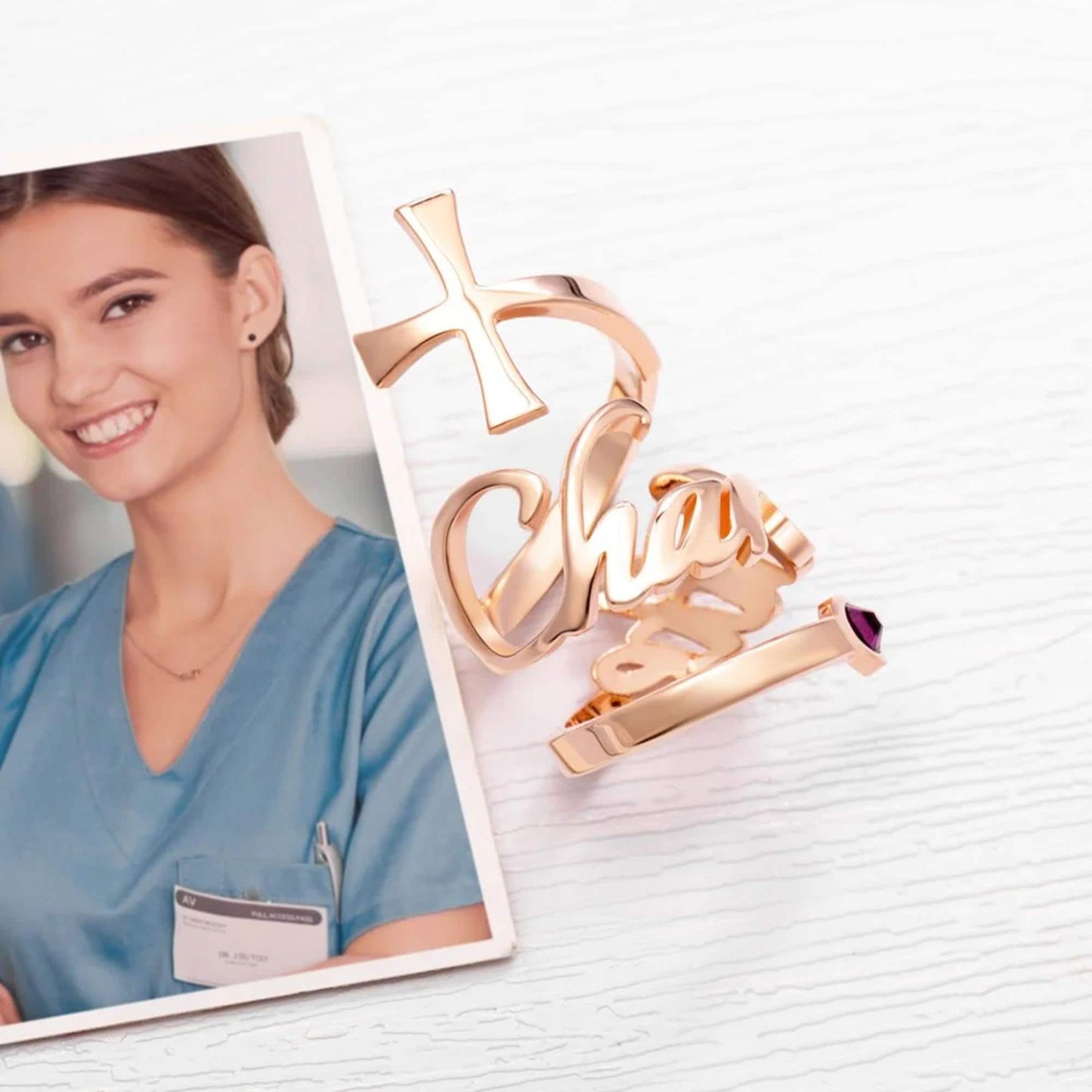Cross Stethoscope ID Tag with Name & Birthstone