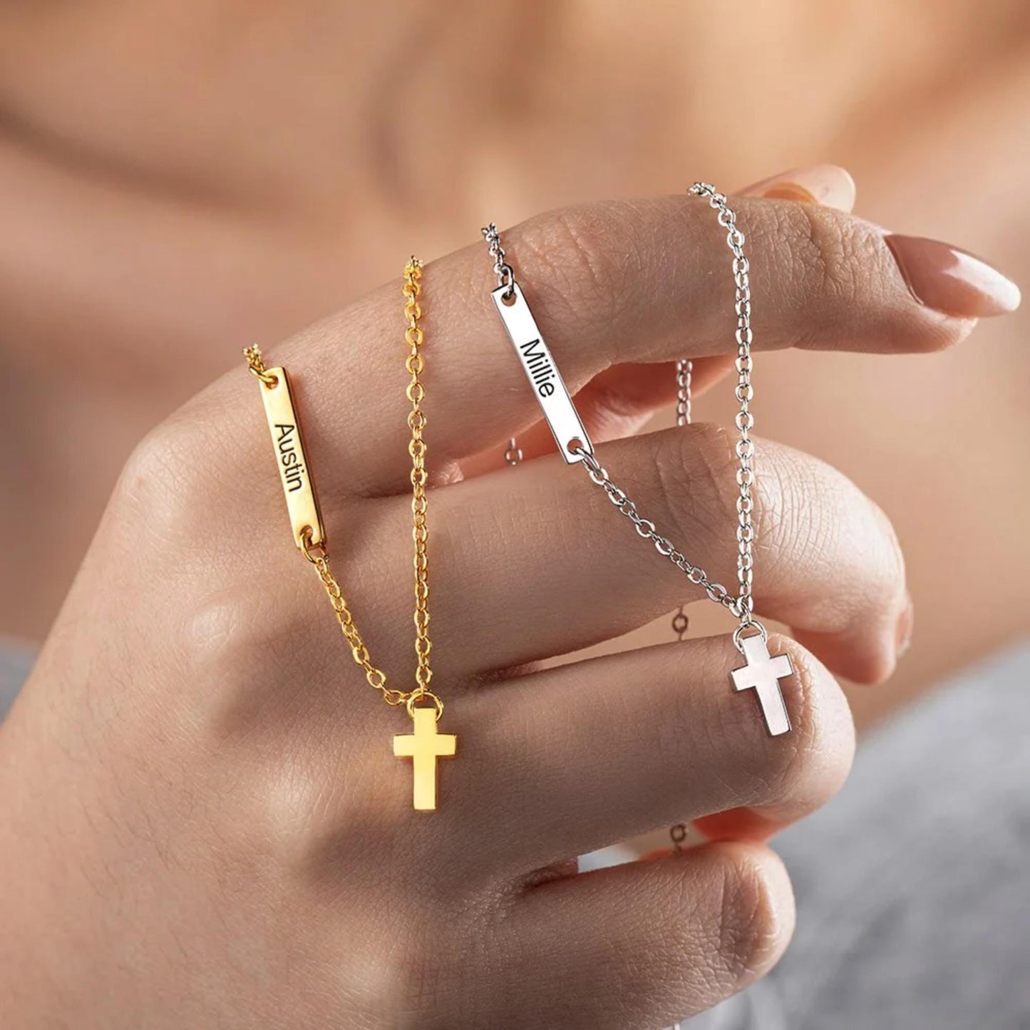 Custom Name Sideways Bar Tiny Cross Pendant Necklace