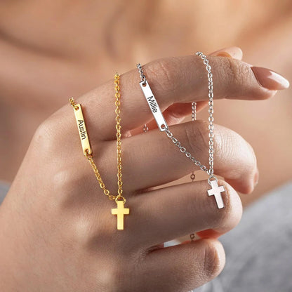 Custom Name Sideways Bar Tiny Cross Pendant Necklace