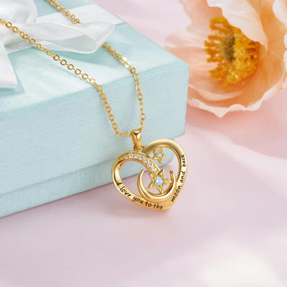 Personalized Engraved Moon & Star Heart Necklace