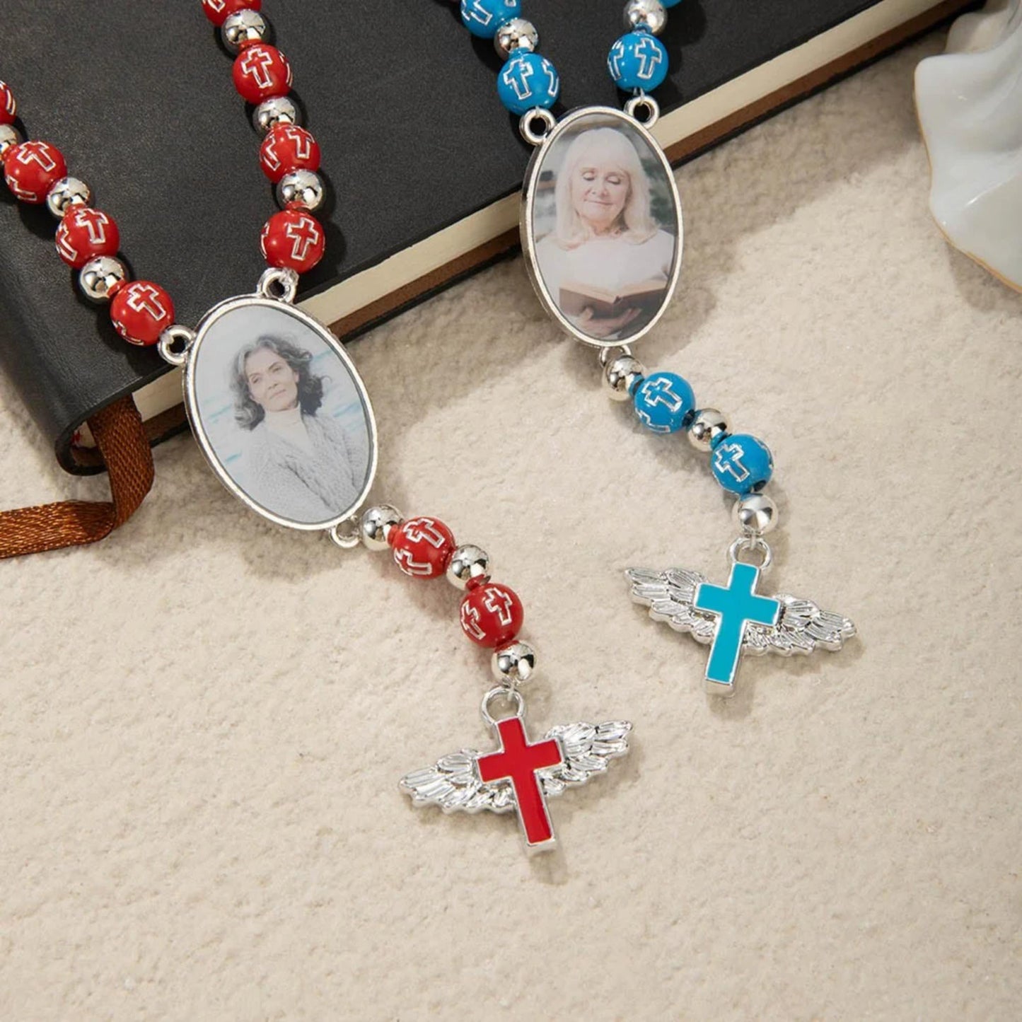 Photo Rosary Beaded Necklace with Angel Wings