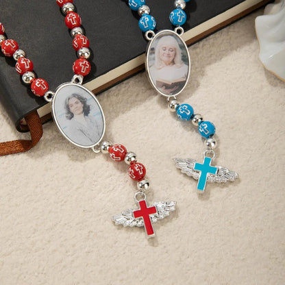 Photo Rosary Beaded Necklace with Angel Wings