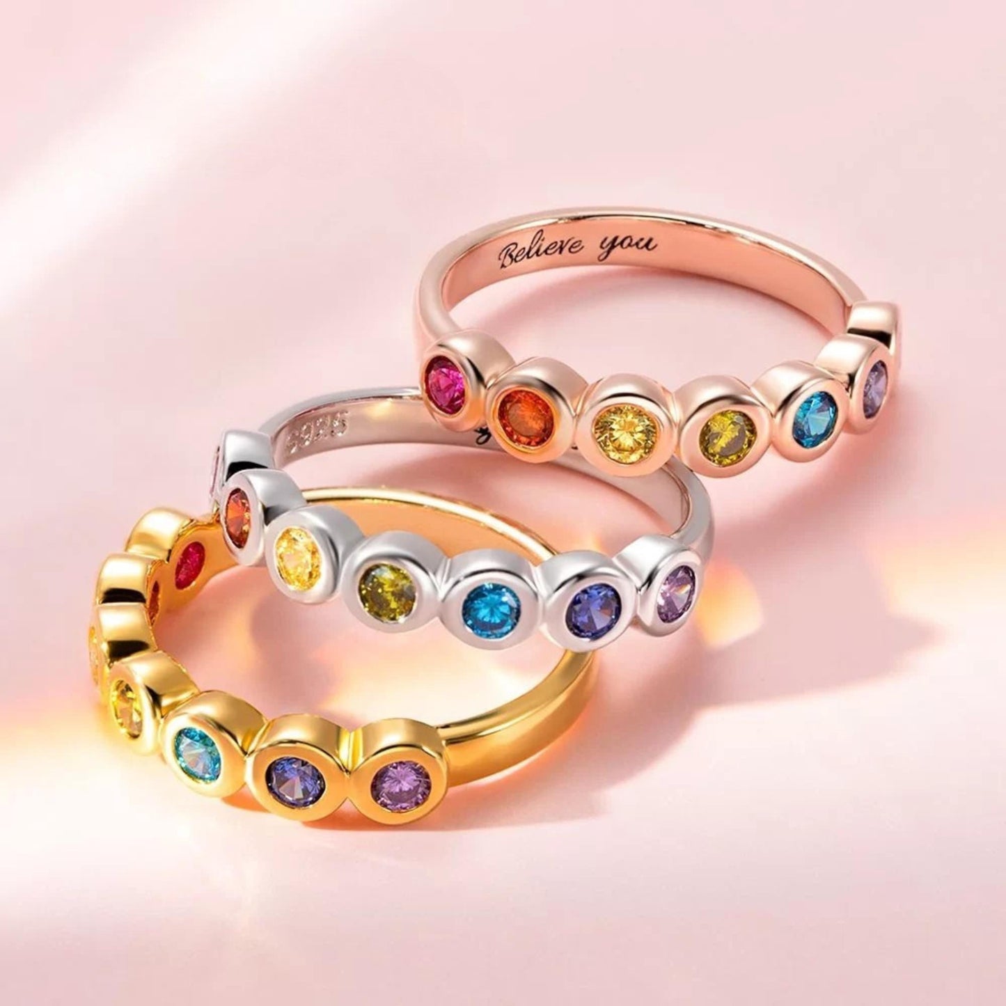 Multistone Rainbow Ring with Inner Engraving