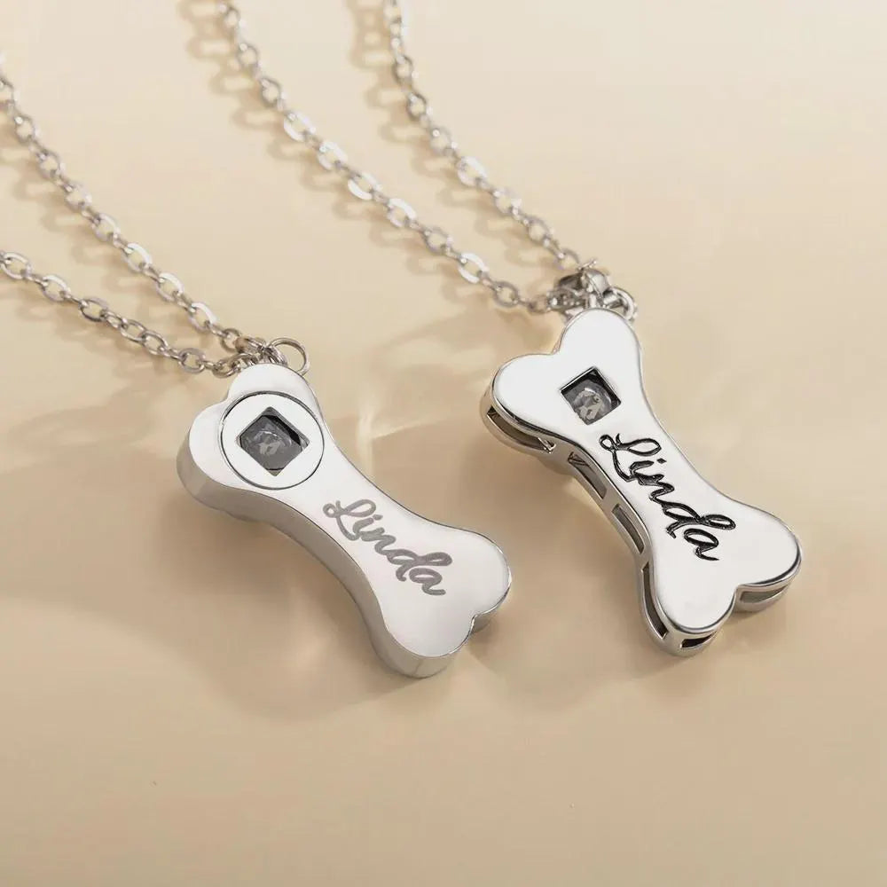 Dog Bone Projection Necklace with Photo & Paw Print