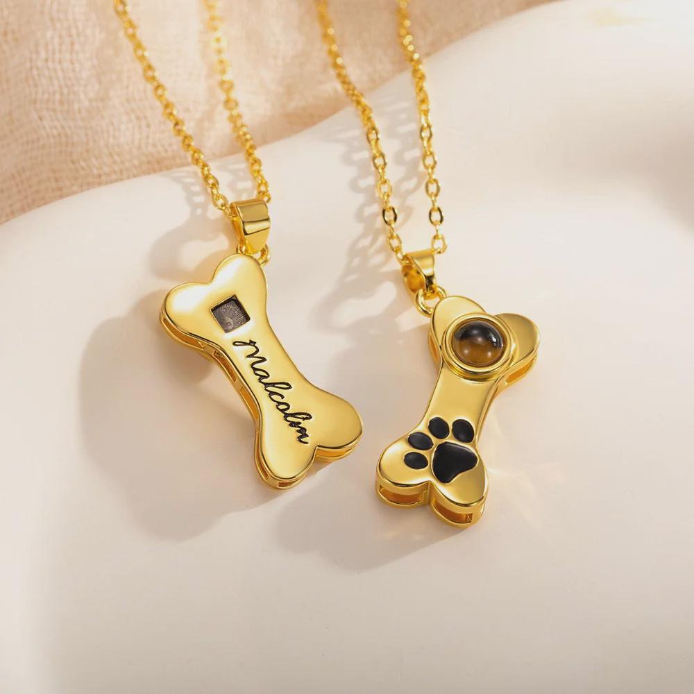 Dog Bone Projection Necklace with Photo & Paw Print