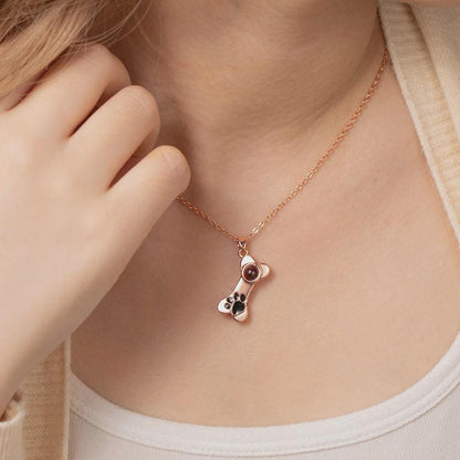 Dog Bone Projection Necklace with Photo & Paw Print