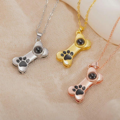 Dog Bone Projection Necklace with Photo & Paw Print