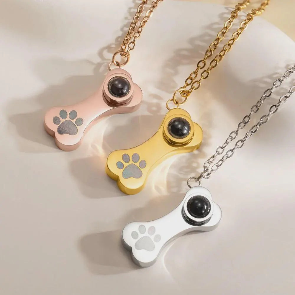 Dog Bone Projection Necklace with Photo & Paw Print