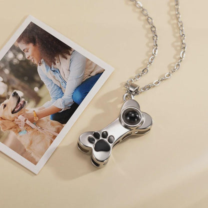 Dog Bone Projection Necklace with Photo & Paw Print
