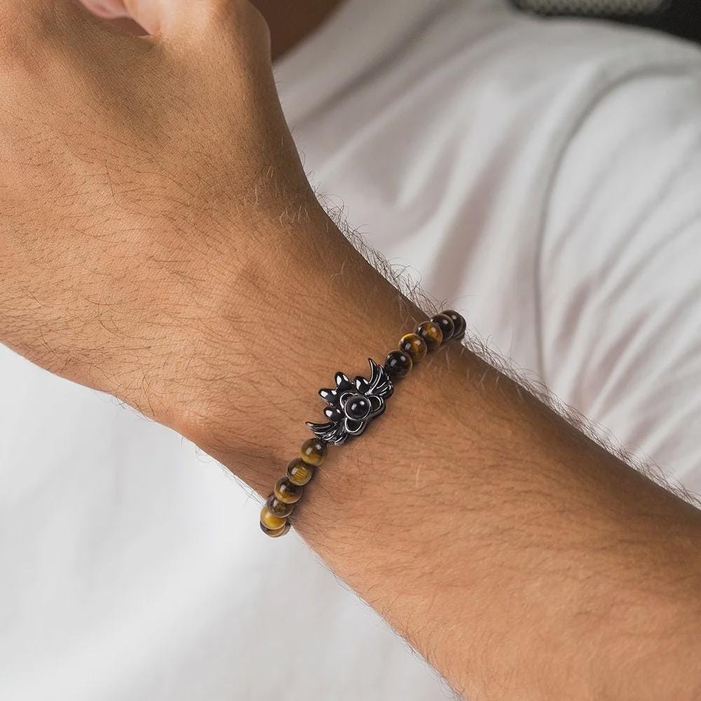 Custom Paw Print Photo Projection Bracelet with Stone Beads