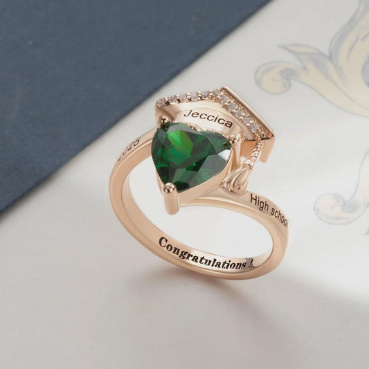 Personalized Graduation Cap Ring with Heart Birthstone