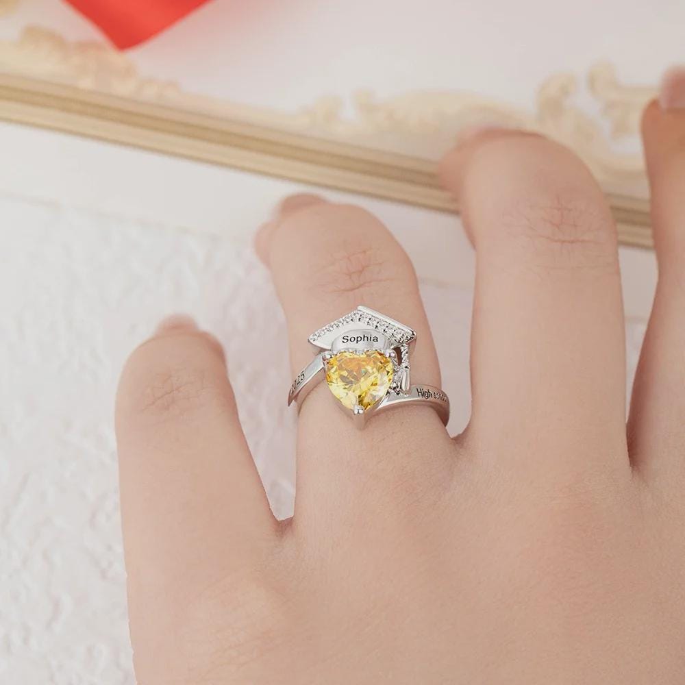 Personalized Graduation Cap Ring with Heart Birthstone