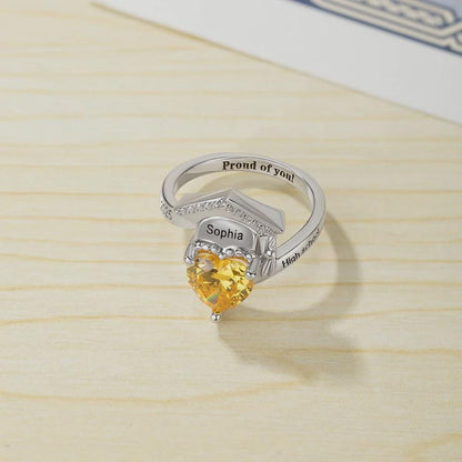 Personalized Graduation Cap Ring with Heart Birthstone