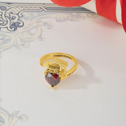Personalized Graduation Cap Ring with Heart Birthstone
