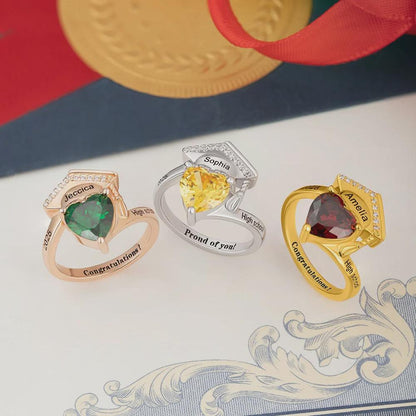 Personalized Graduation Cap Ring with Heart Birthstone