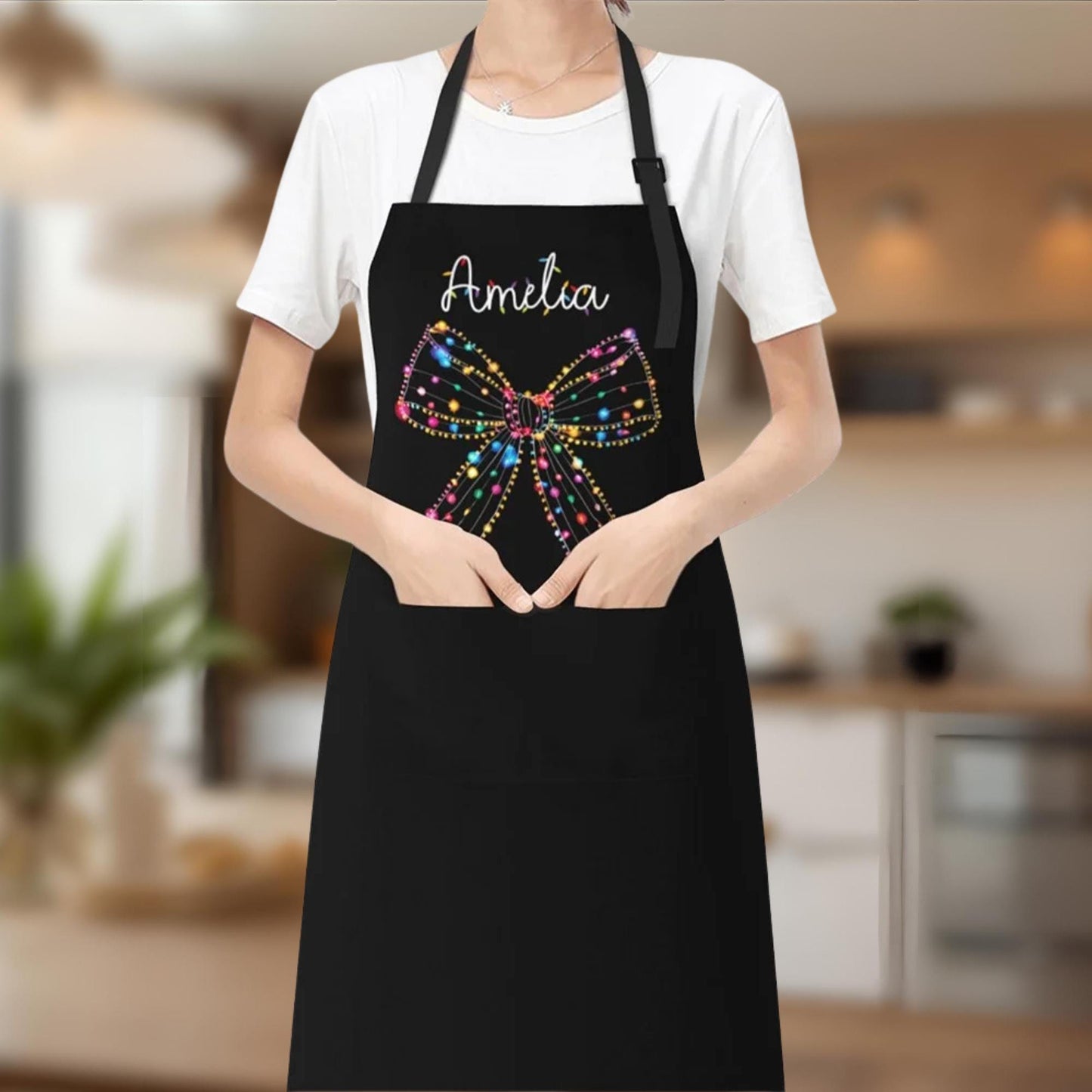 Christmas Light Coquette Bow Custom Holiday Kitchen Apron