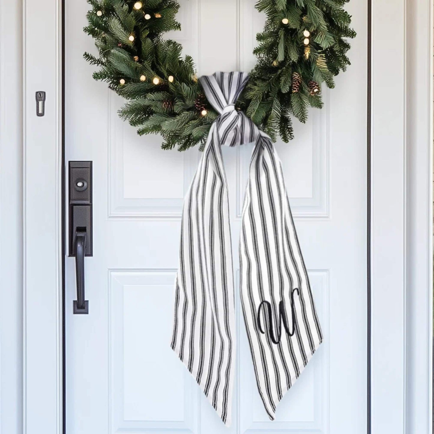 Embroidered Black Ticking Stripe Wreath Sash
