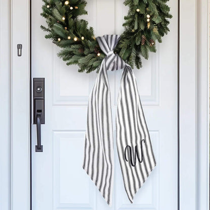 Embroidered Black Ticking Stripe Wreath Sash