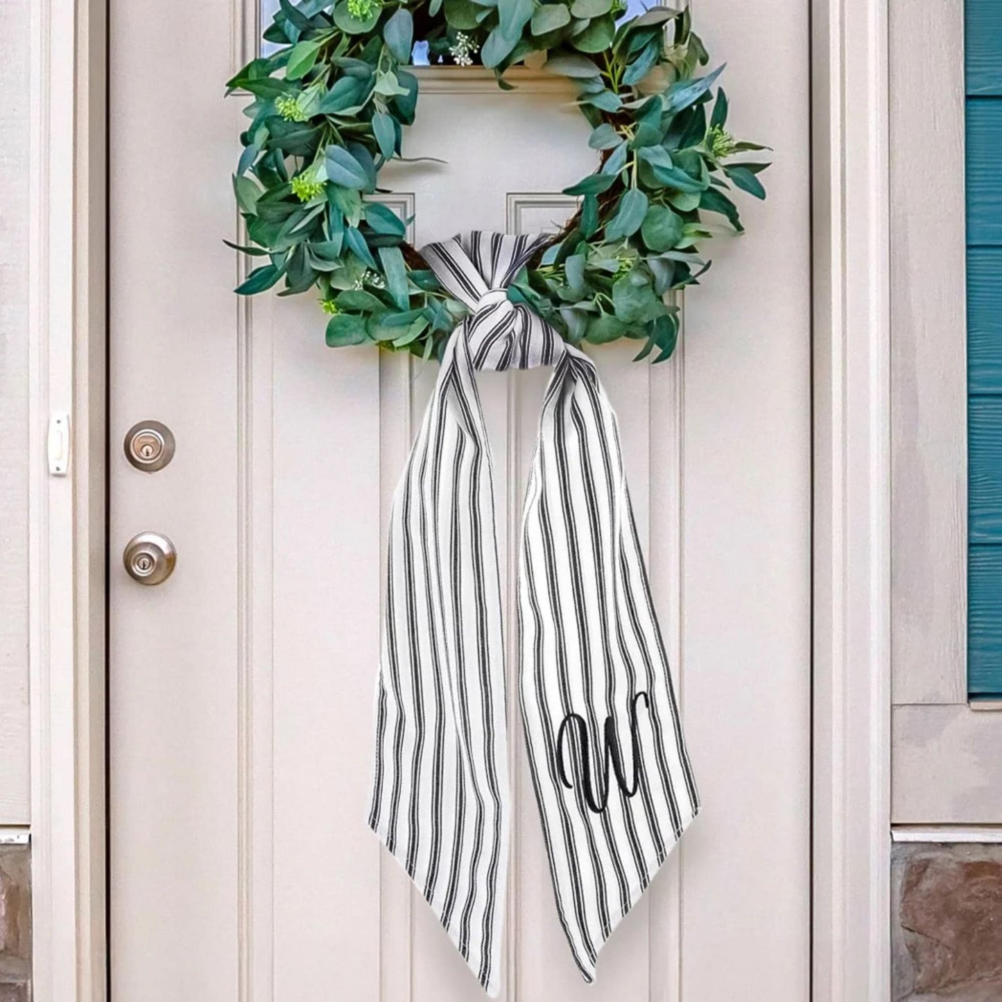 Embroidered Black Ticking Stripe Wreath Sash