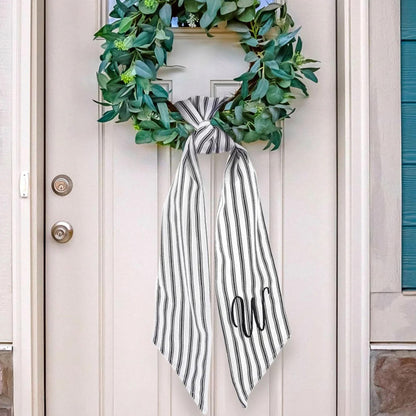 Embroidered Black Ticking Stripe Wreath Sash
