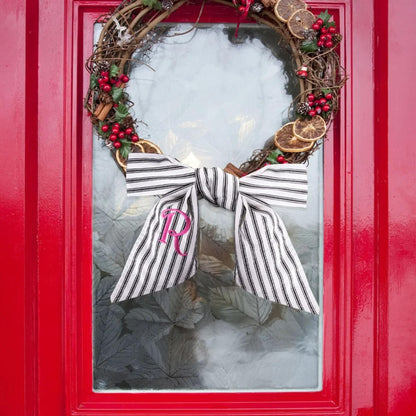 Embroidered Black Ticking Stripe Wreath Sash