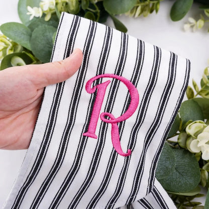 Embroidered Black Ticking Stripe Wreath Sash
