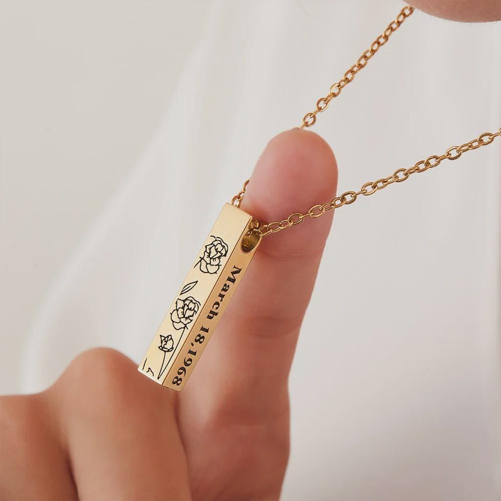 Urn Bar Necklace with Birth Flower and Custom Engravings