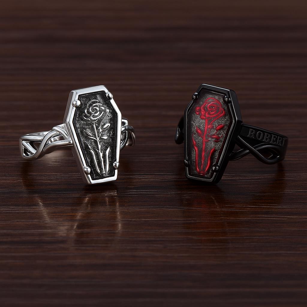 Personalized Gothic Coffin Vintage Rose Ring