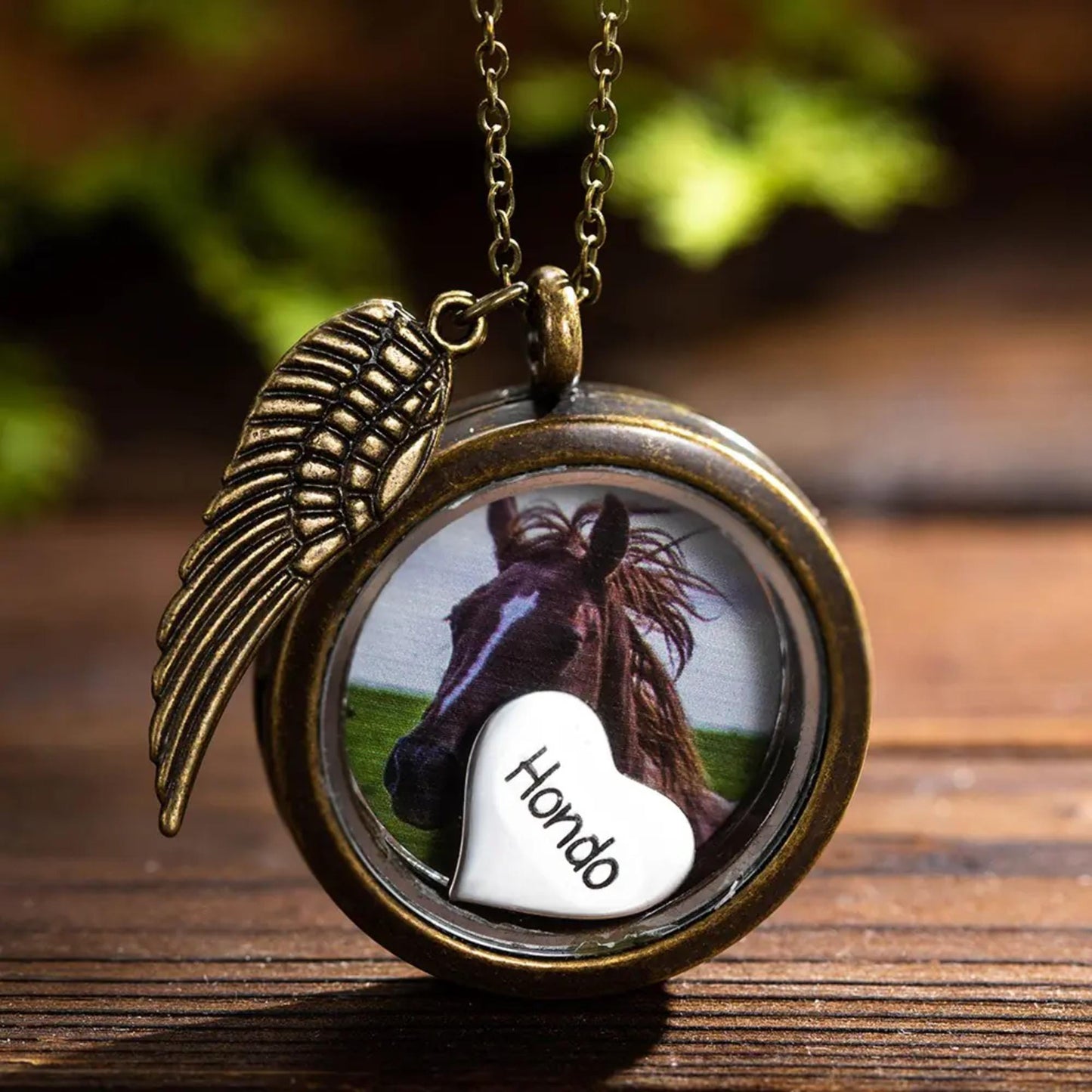 Photo Horse Hair Locket Necklace with Engraved Heart Charm