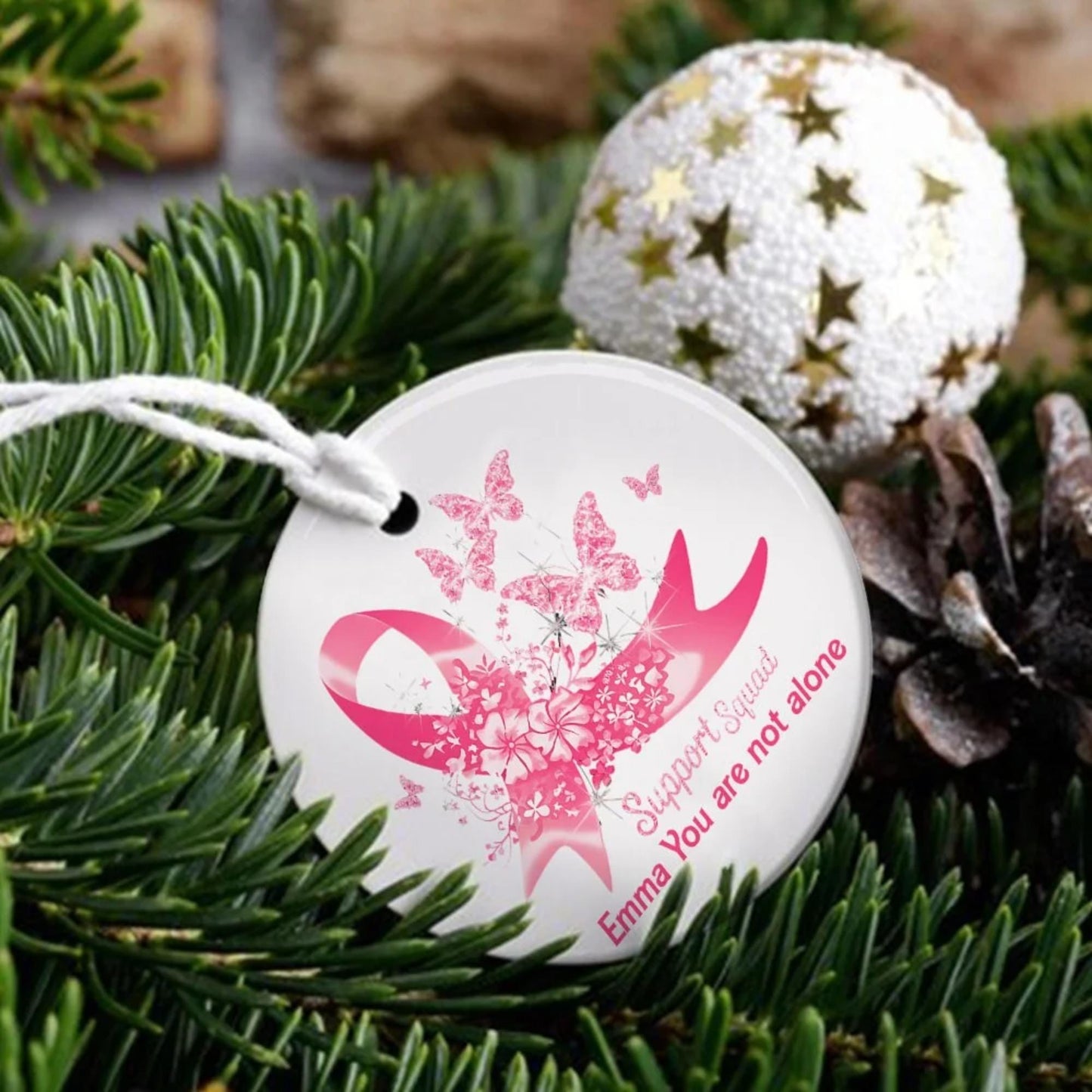 Custom Name Pink Ribbon Breast Cancer Awareness Christmas Tree Decor