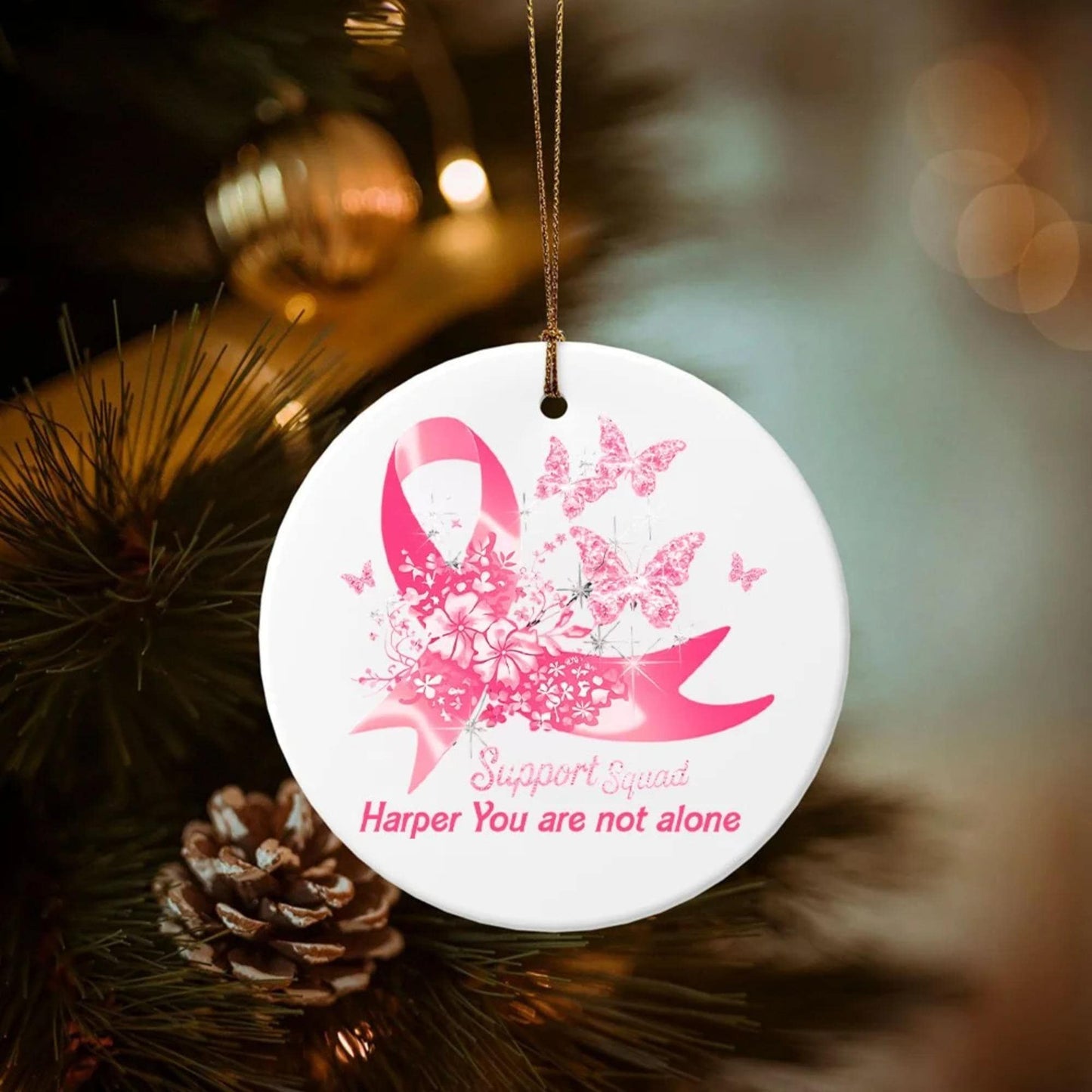 Custom Name Pink Ribbon Breast Cancer Awareness Christmas Tree Decor