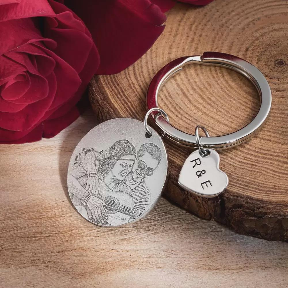 Custom Photo Engraved Keychain with Calendar & Heart Charm