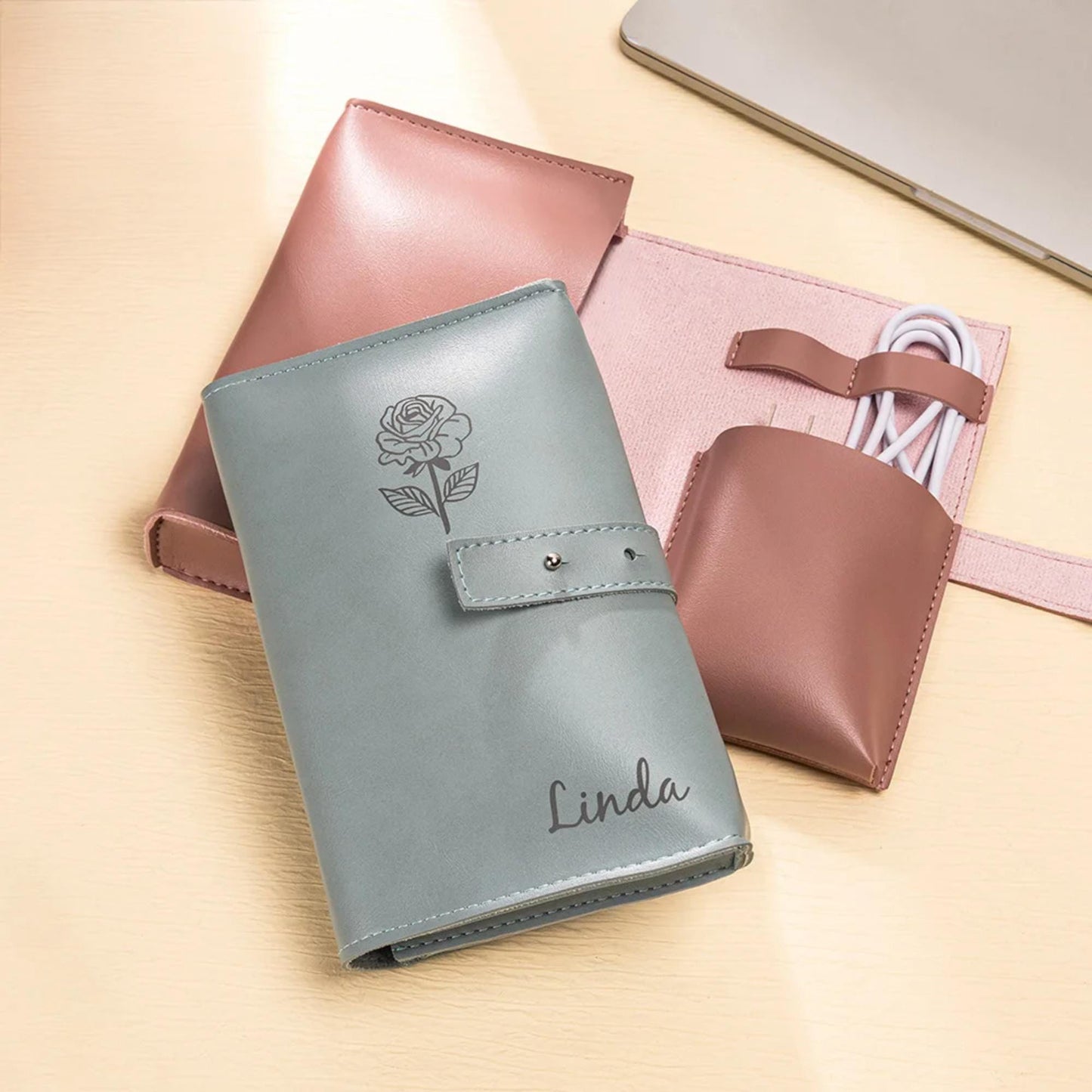 Personalized Birth Flower Travel Charger Cable Organizer