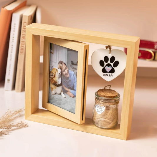 Wooden Pet Photo Frame with Paw Print Charm & Pet Ashes Jar