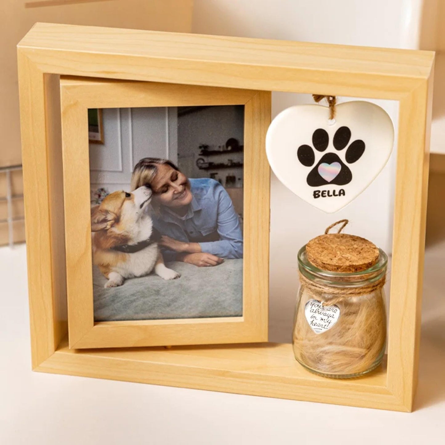 Wooden Pet Photo Frame with Paw Print Charm & Pet Ashes Jar